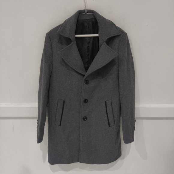NWT EleTop Men's Notch Neck Single Breasted Wool Pea Coat Gray Size M $180 BB344 - Picture 1 of 2